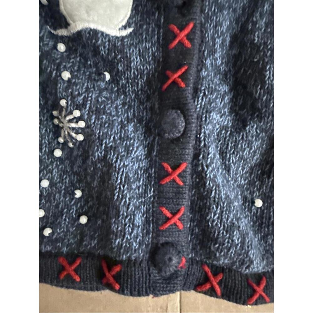 VTG Christmas Sweater Cardigan Sz M Erika Snowman Snowflakes Embroidered Pearls - Picture 9 of 12